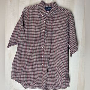 Ralph Lauren short sleeve button front shirt red black green white plaid,size XL
